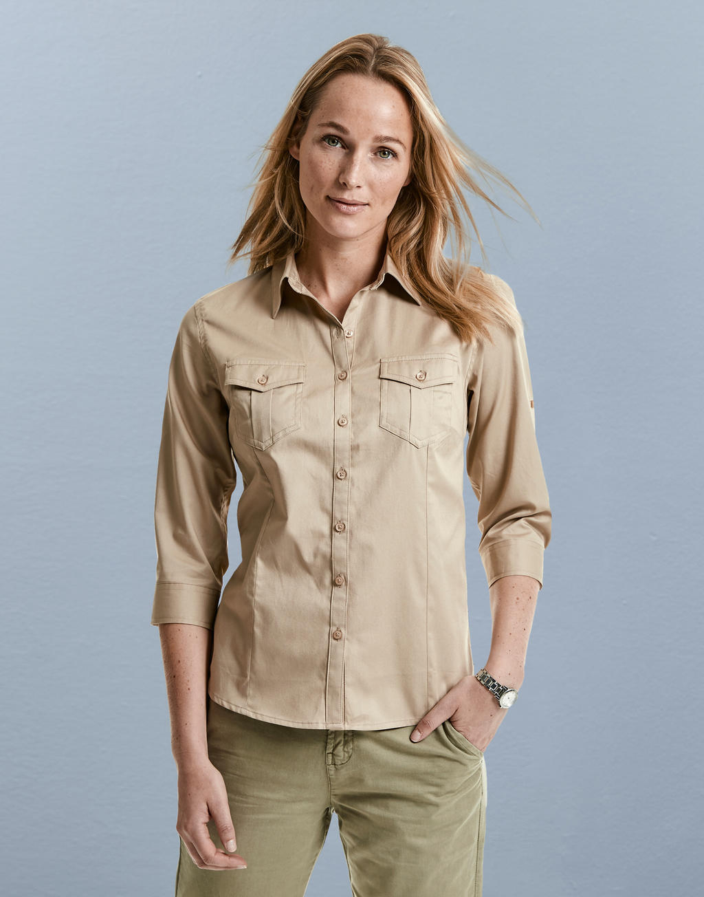 Ladies Roll 3/4 Sleeve Shirt in Farbe White