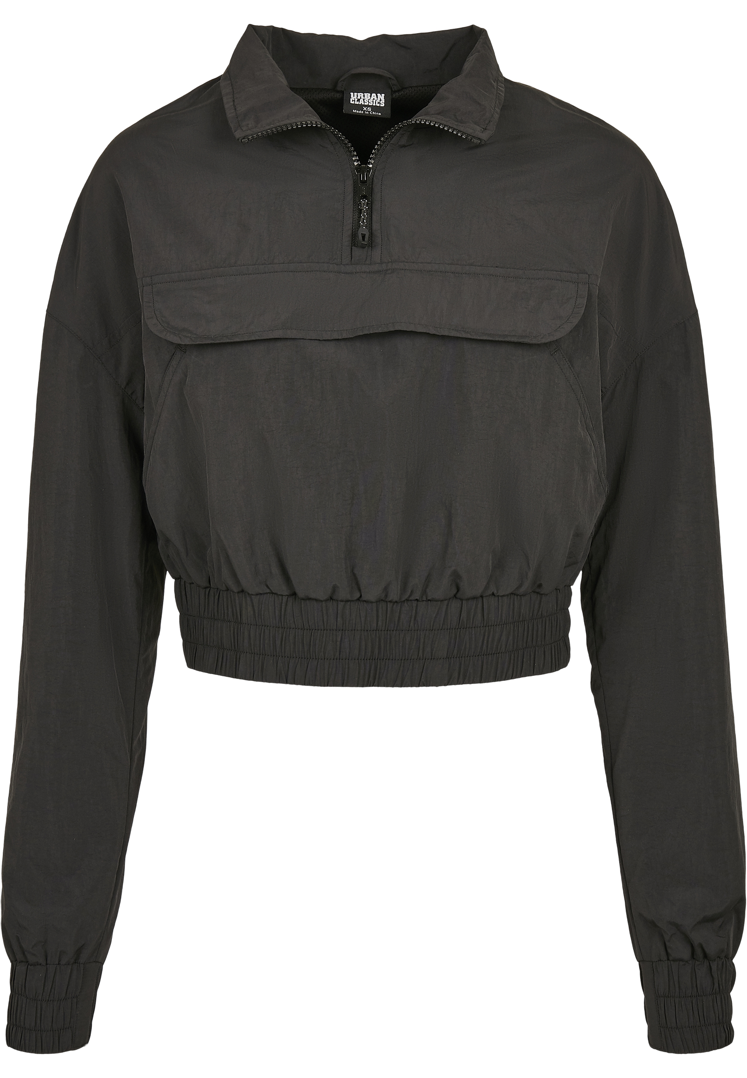 Curvy Ladies Cropped Crinkle Nylon Pull Over Jacket in Farbe black