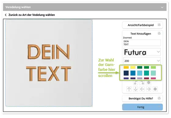 Garnfarbe für Stick-Text im Konfigurator auswählen