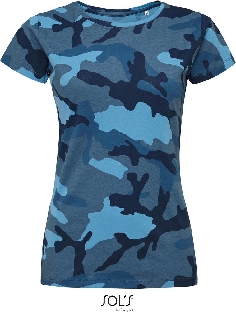 T-Shirt Camo Women Damen Rundhals T-Shirt in Farbe blue camo