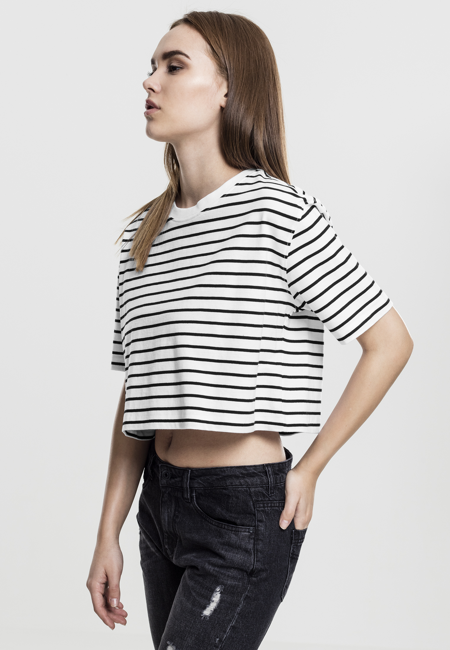 Cropped Tees Ladies Short Striped Oversized Tee in Farbe wht/blk