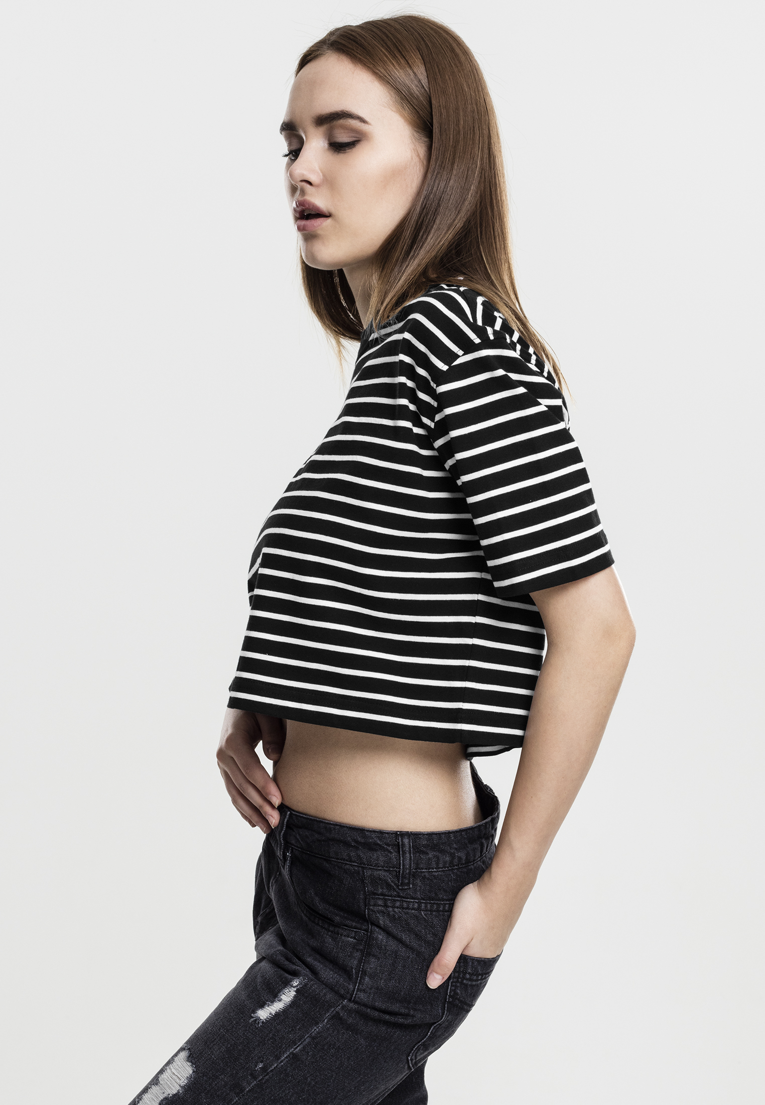Cropped Tees Ladies Short Striped Oversized Tee in Farbe blk/wht