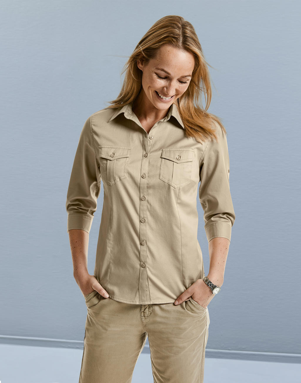  Ladies Roll 3/4 Sleeve Shirt in Farbe White