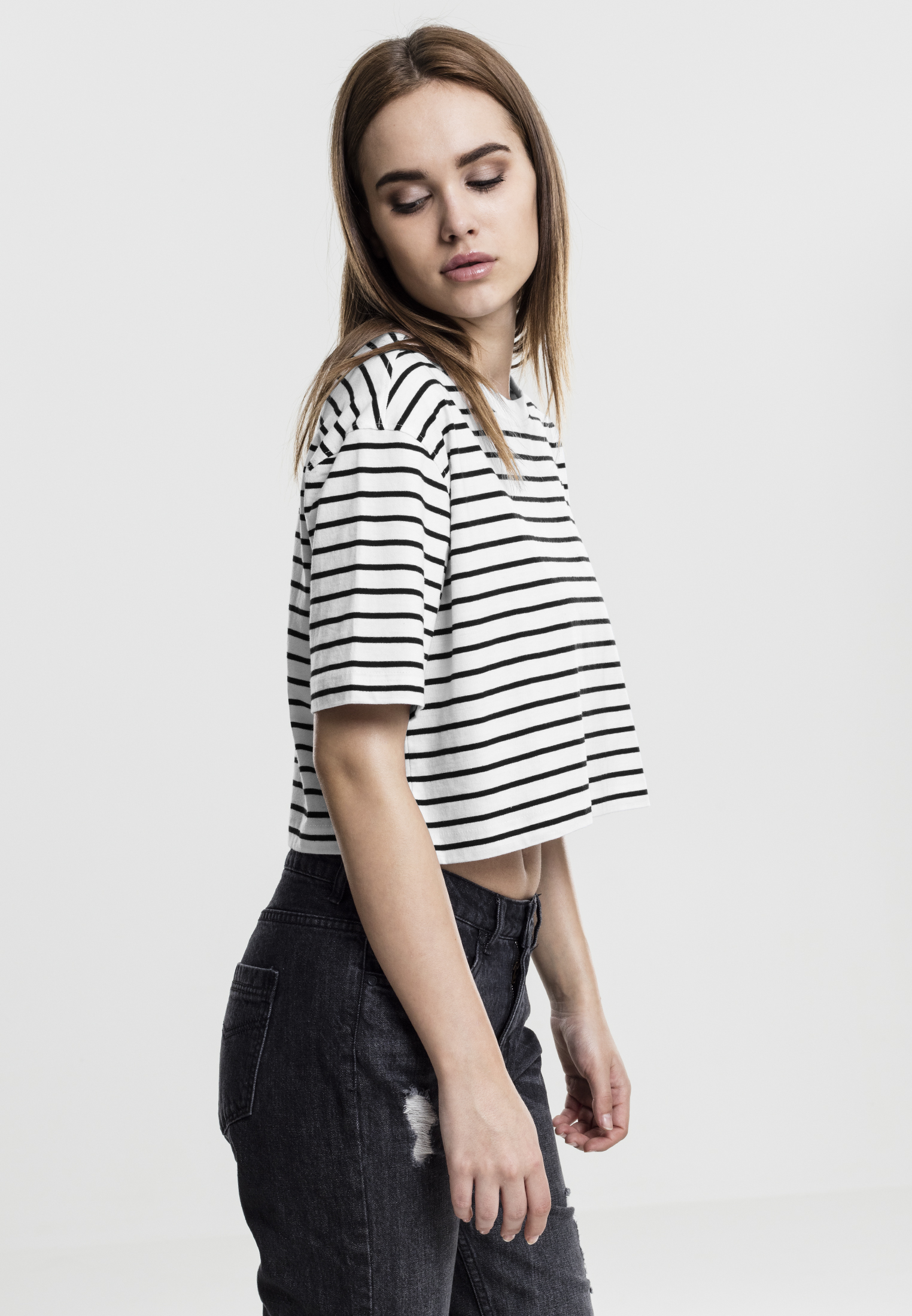 Cropped Tees Ladies Short Striped Oversized Tee in Farbe wht/blk